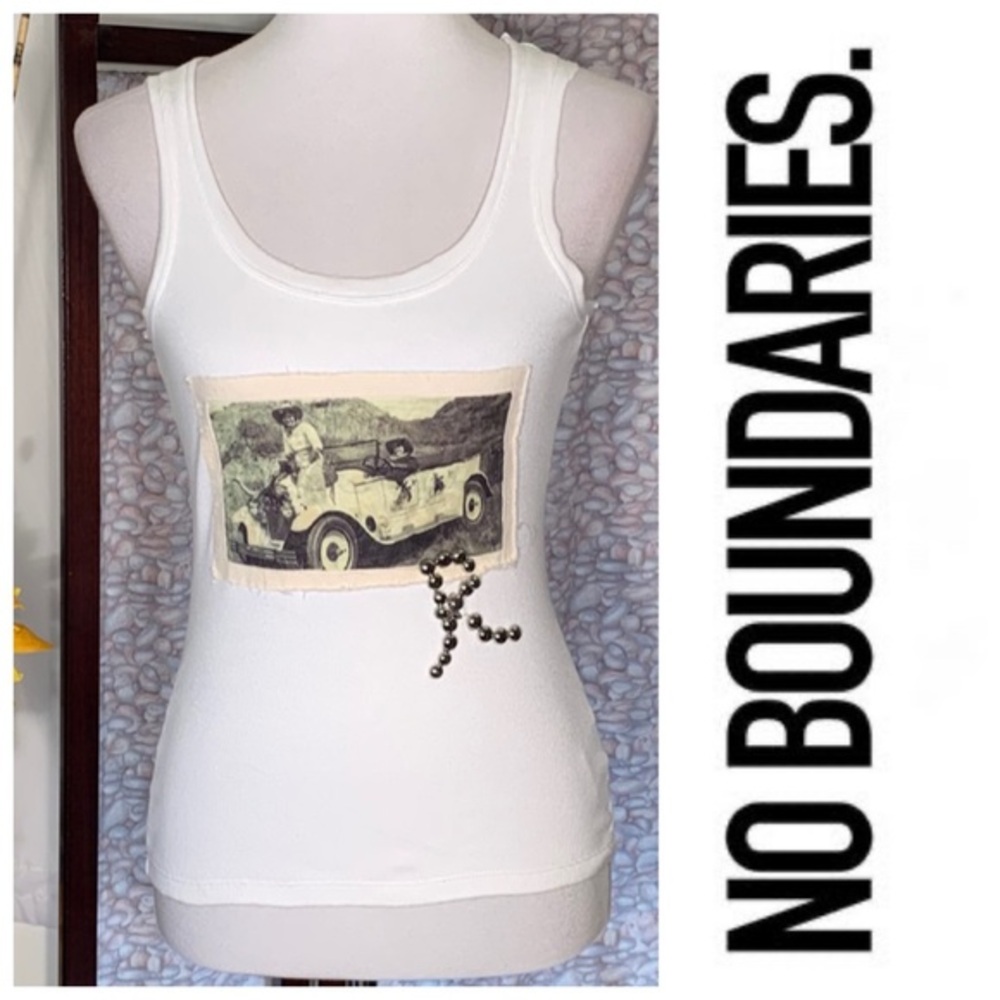 No Boundaries white tank top with old photo.